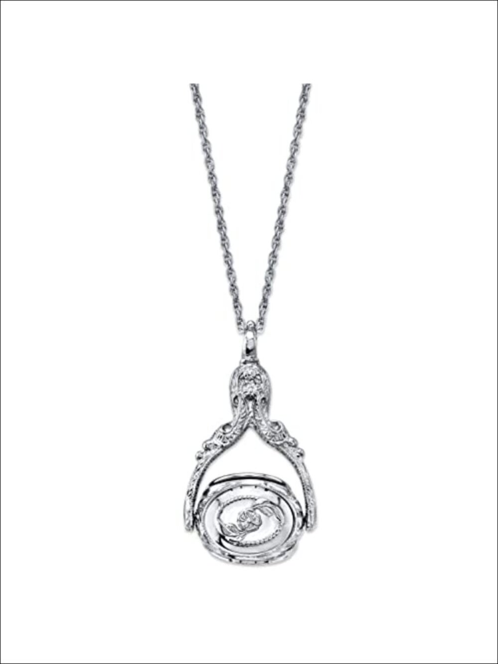 Vintage Style 3 Sided Flower Spinner Locket Pendant Necklace 30 Inch Silver Tone